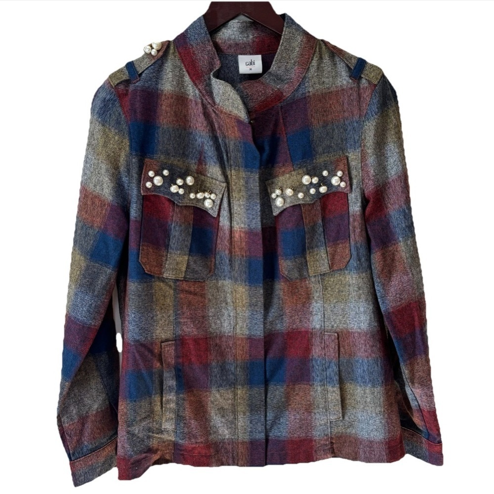 CAbi Plaid Collage Flannel Full Zip Pearl Multicolor Shacket Women’s Size M 3555